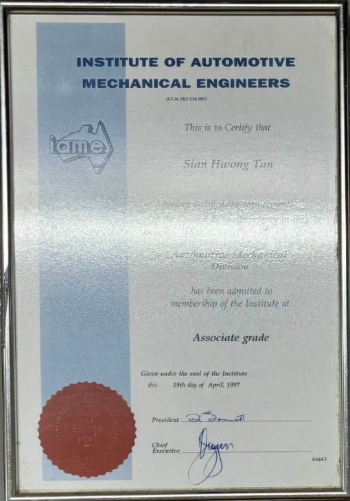 Mr Hwong's admission to the IAME at Associate grade, 15 April 1997.