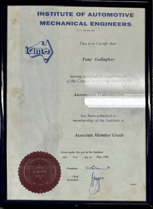 Tony Gallagher's admission to the IAME Automotive Transmission Division, 31 May 1999.