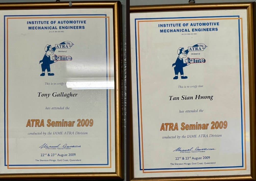 ATRA Seminar 2009 certificates for Tony Gallagher and Mr Hwong, Gold Coast, Queensland.