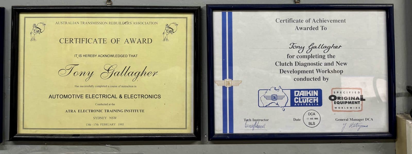 Tony Gallagher's certificates from the ATRA Electronic Training Institute, Sydney (1995) and Daikin Clutch Australia (1999).
